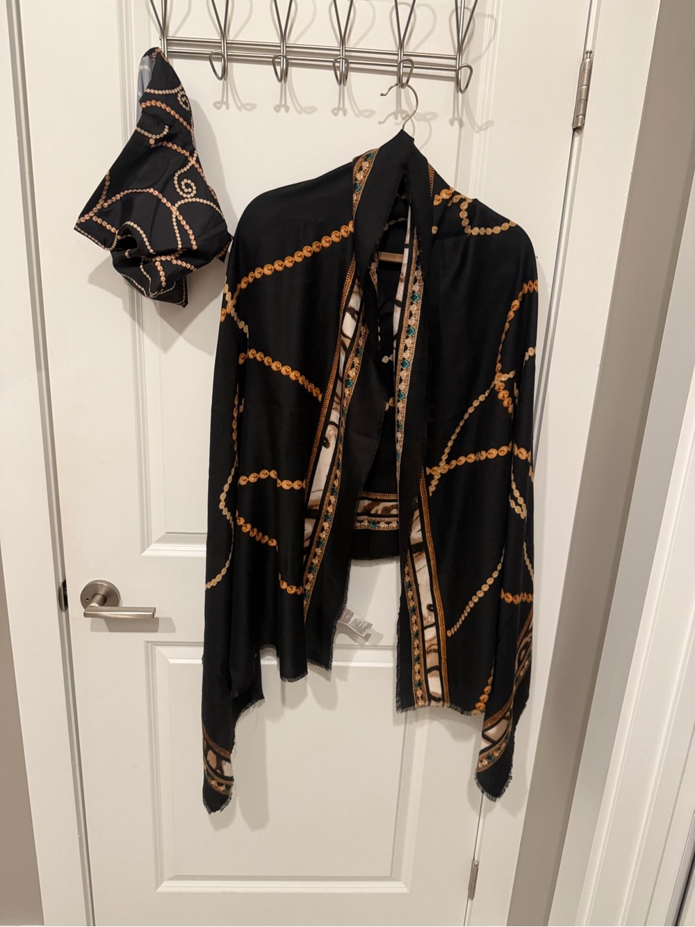 Chico's Black Scarf with Gold Chain-Print & Storage Pouch